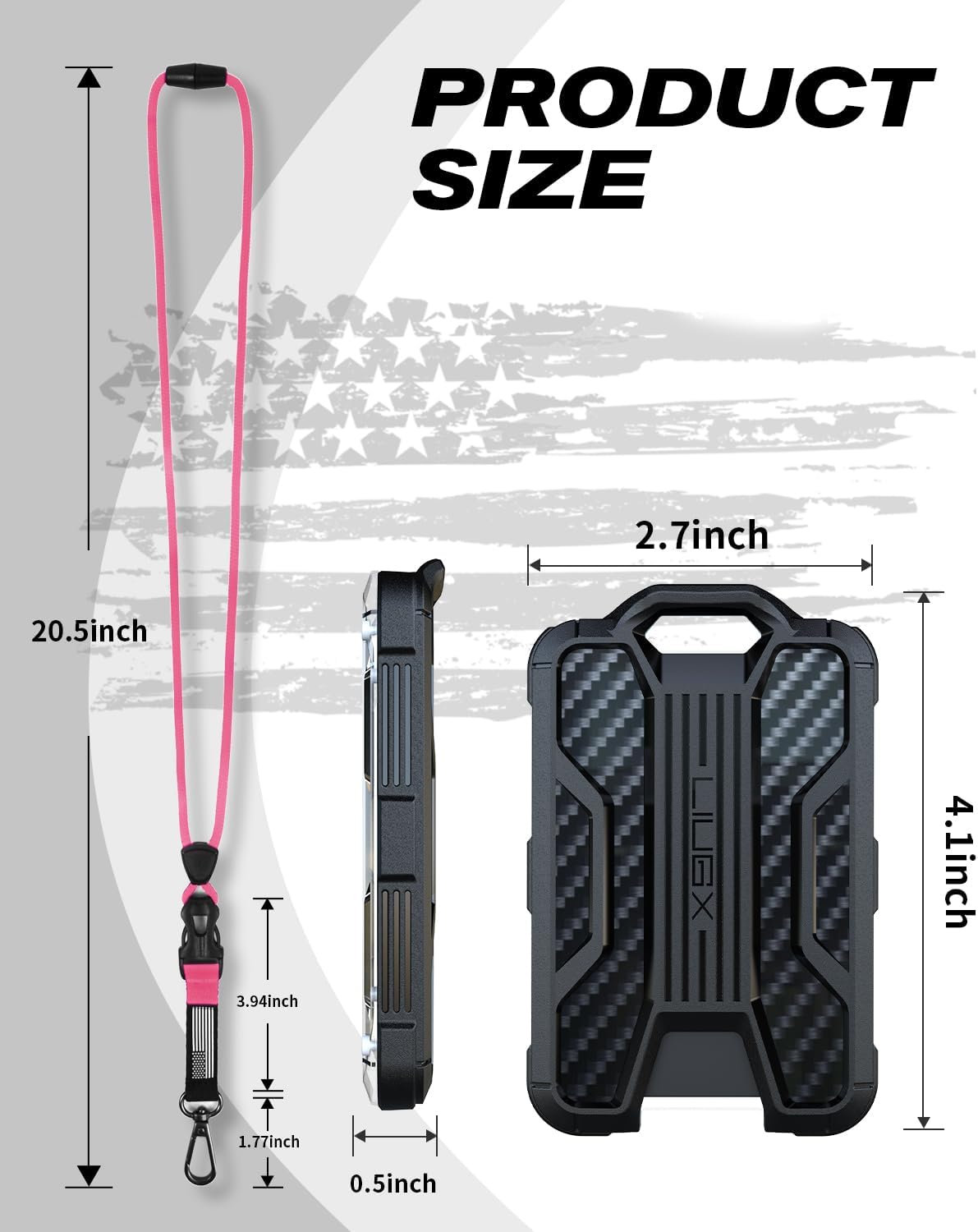 LIUGX Badge Holder with Heavy Duty Breakaway Lanyard, Carbon Fiber-Texture, Durable ID Card Holder (Holds 6 Cards) with Quick Release Detachable Buckle, Metal Clip, American Flag