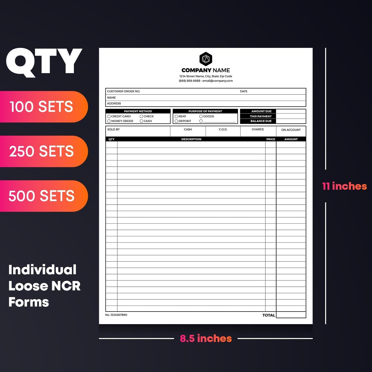Custom Print 8.5" x 11" Carbonless NCR Forms for Printing Business and Company Invoices, Receipts, Work Orders, Sales Orders, Purchase Orders, Estimates and Quotes - Loose Sheets (3-Part, 500)