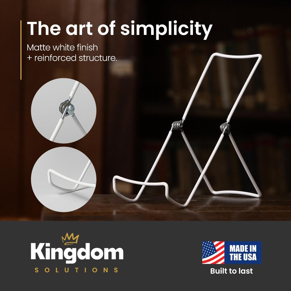 KINGDOM SOLUTIONS MADE IN USA 4-Pack Sturdy & Durable Adjustable White Metal Easels to Display Books, Frames, Comics, Plates & More - Unique on the Market