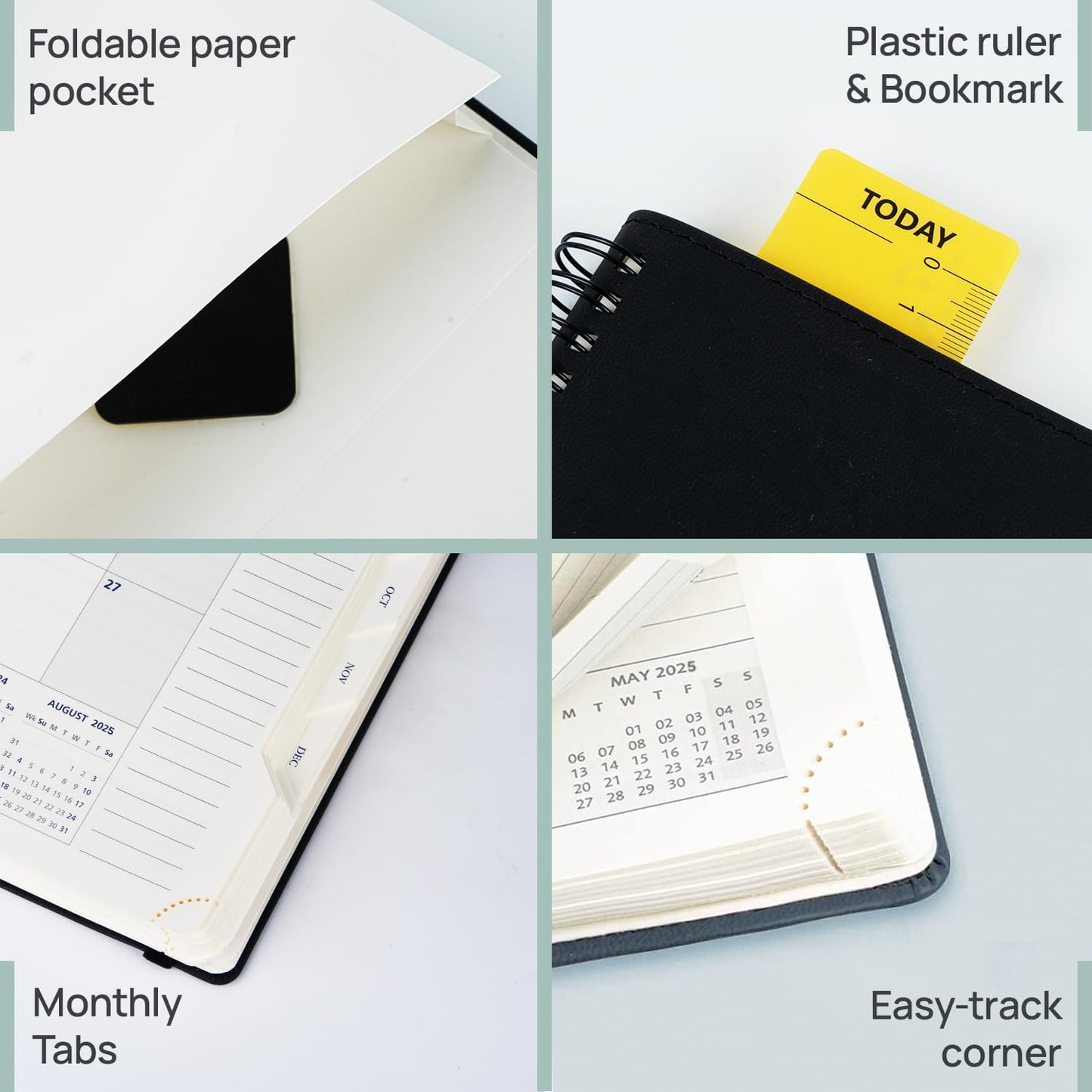POPRUN Daily Planner 2025-2026 One Page per Day (6'' x 8.5'') with Spiral Bound Leather Soft Cover, Academic Year Appointment Book (Jul.2025 - Jun.2026) with Hourly Slots, Inner Pocket- Forest Green