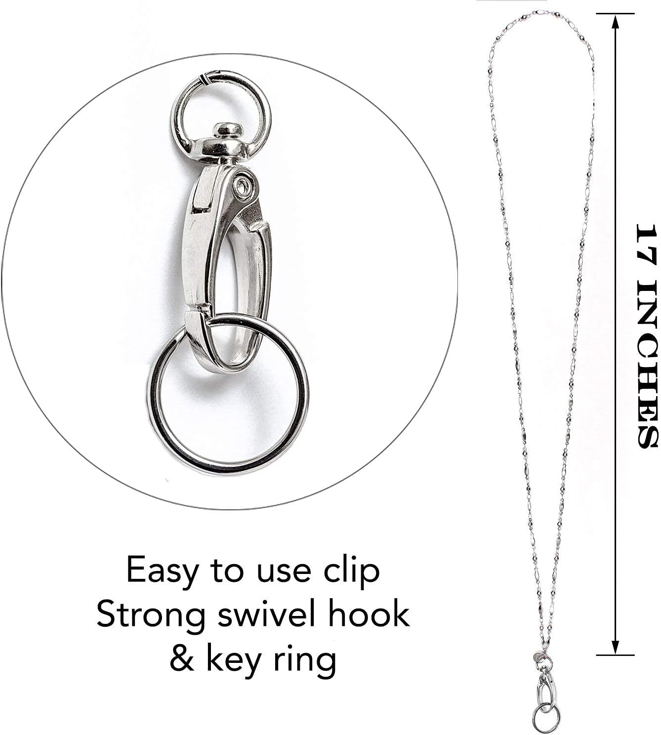 Hidden Hollow Beads Stainless Steel Chain Women's Lanyard, Strong Breakaway Clasp, Made in USA Teacher ID Badge Card Holder Keys Keyring