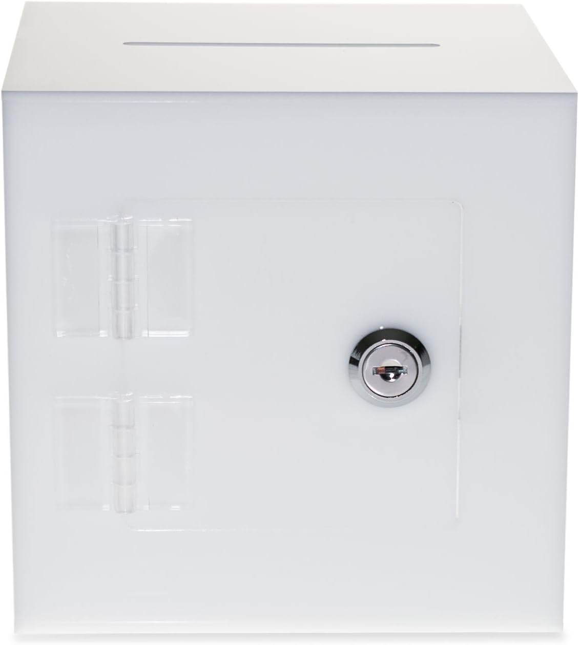Source One Premium Acrylic Cube Donation Box with Deluxe Rear Open Door and Cam Lock Suggestion Box (10 Inch, White)
