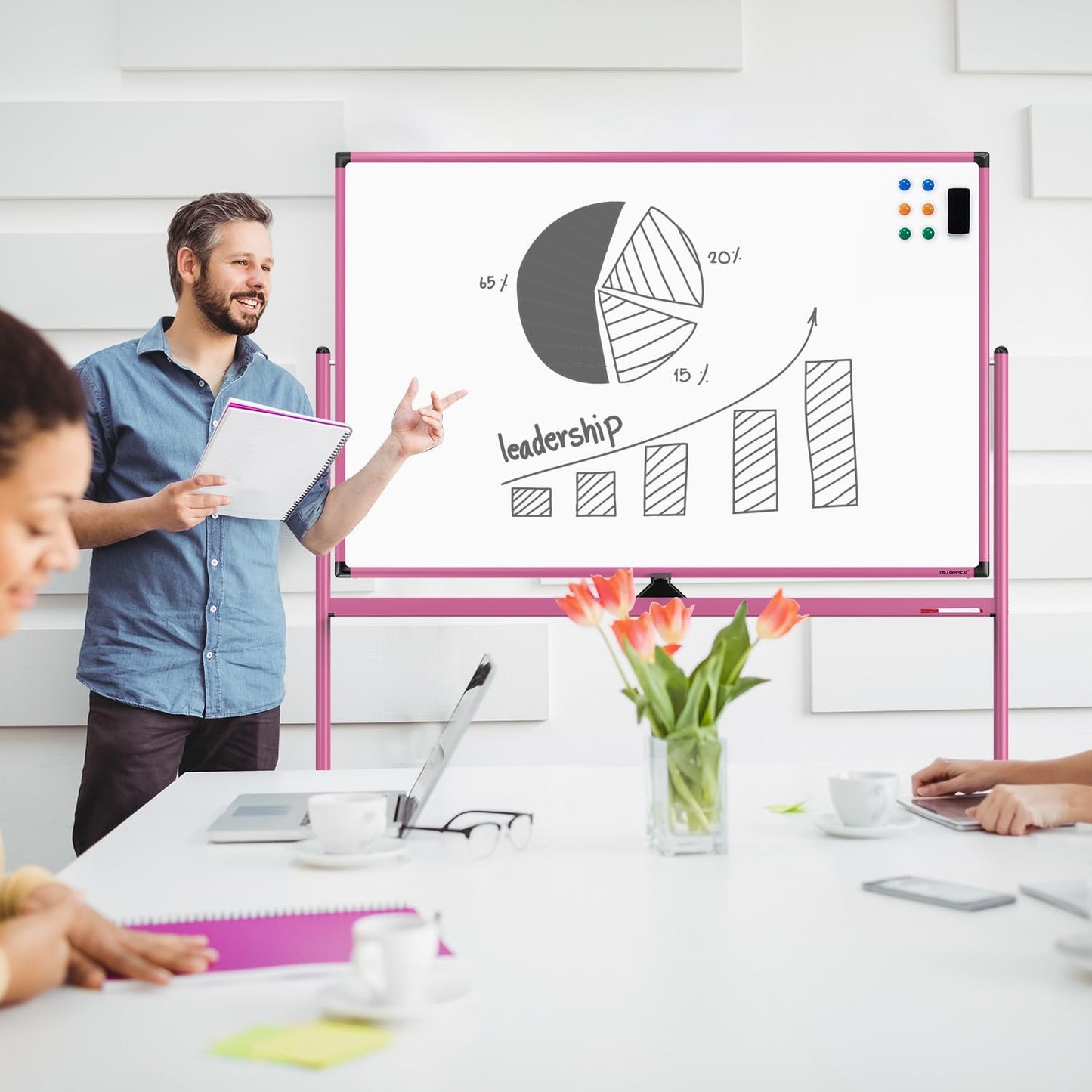 Large Dry-Erase Rolling Magnetic Whiteboard - 48 x 32 Inches Dry Erase Board with Stand Height Adjust Double Sides Mobile White Board Easel on Wheels with 25 Sheets Paper Pad Office, Home & Classroom