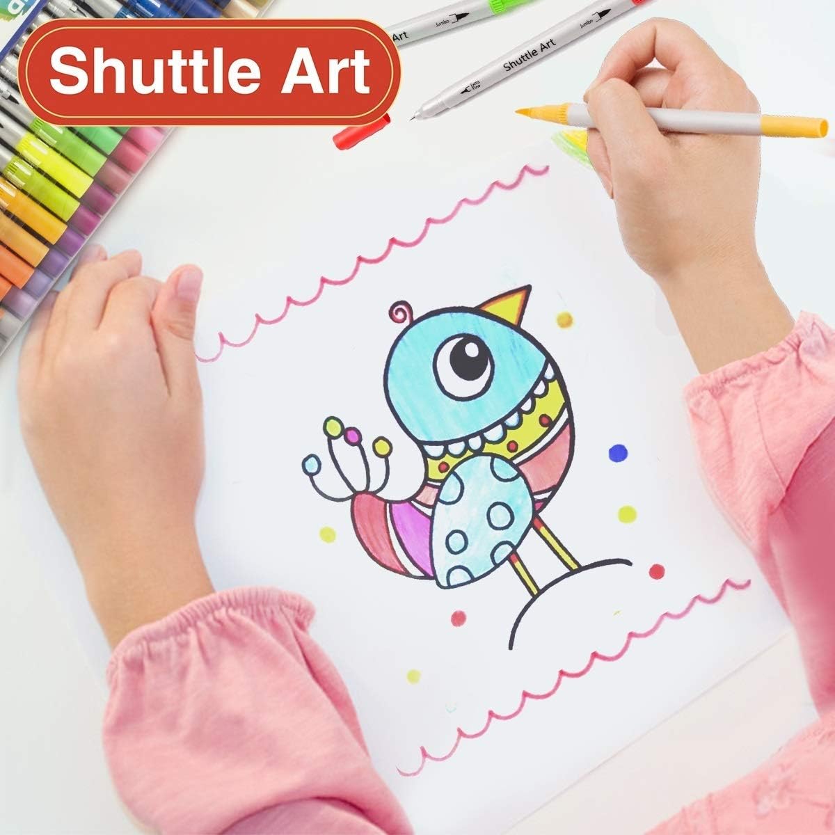 Shuttle Art Dual Brush Marker Pens, 56 Colors Water-based Ink, Dual Tip Calligraphy Pens Fineliner and Brush Tip perfect for Kids Adult Artist, Hand Lettering, Journal, Doodling, Writing