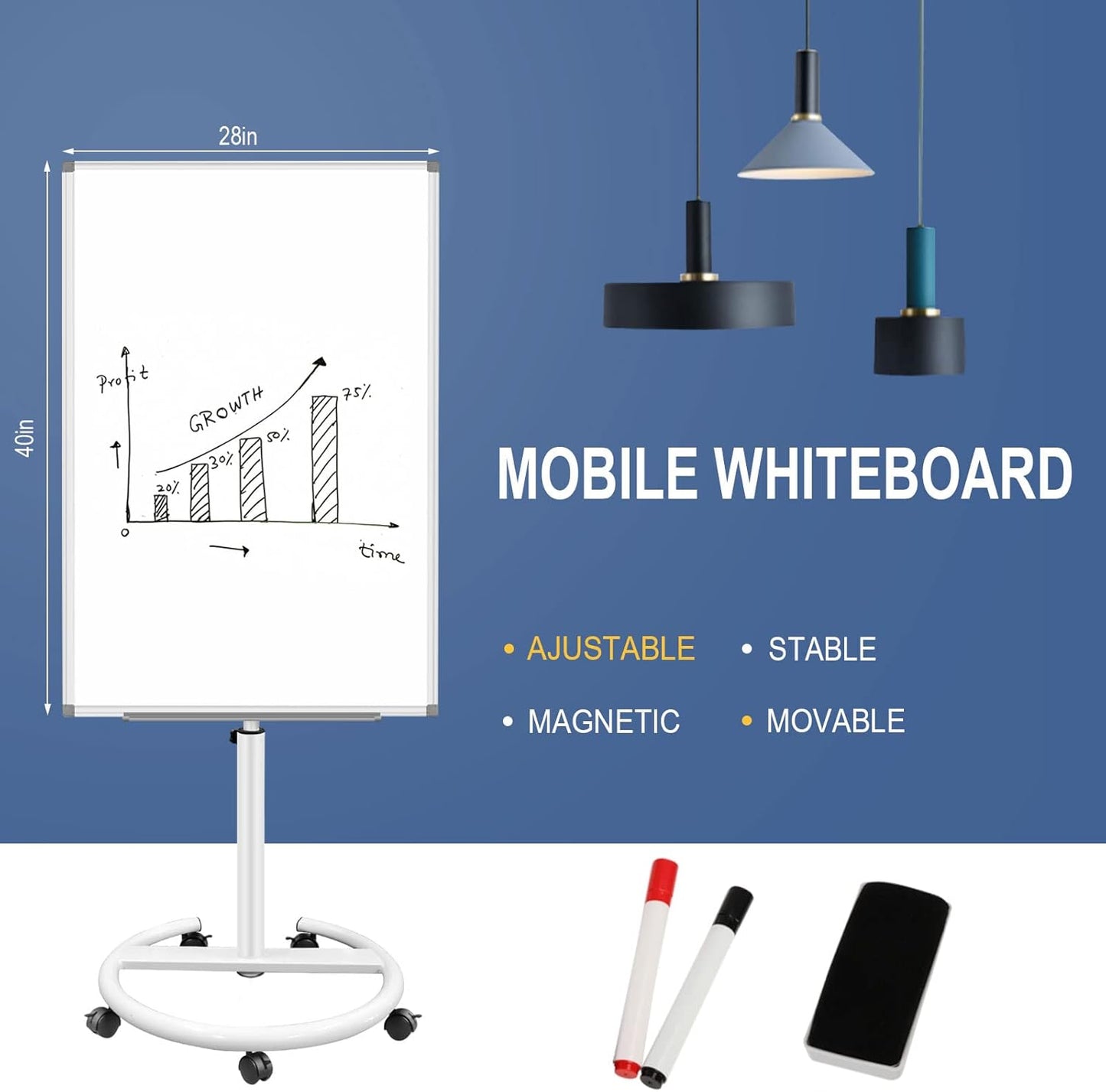 BIBOC Mobile Dry Erase Board – 40x28 inches Magnetic Portable Whiteboard Stand Adjustable Easel White Board Flipchart Easel Board with 25 Sheets Paper Pad 1 Eraser, 2Markers
