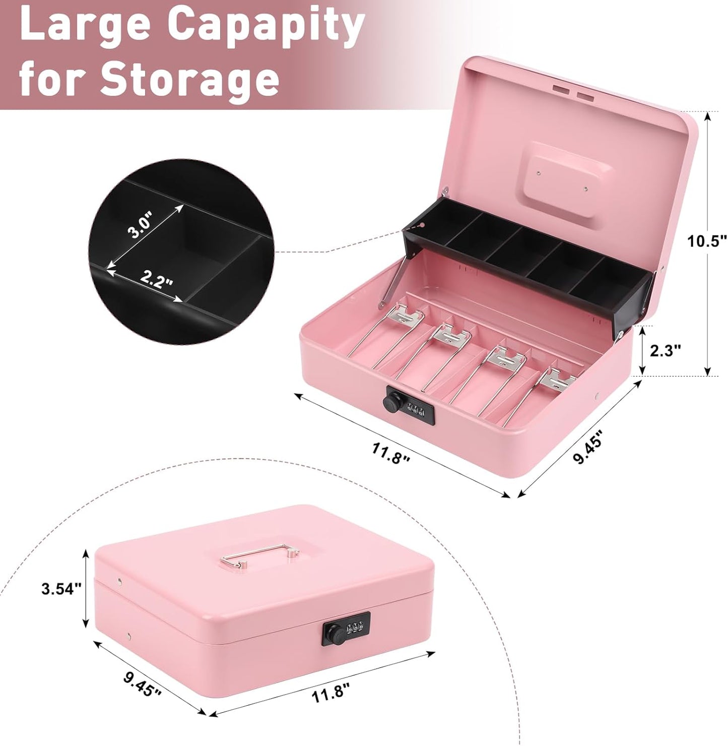 Kyodoled Locking Money Box with Combination Lock, Metal Cash Box with Money Tray, Cash Register,5 Compartments Cantilever Tray 4 Spring Loaded Clips,11.81Lx 9.45Wx 3.54H Inches Pink X Large