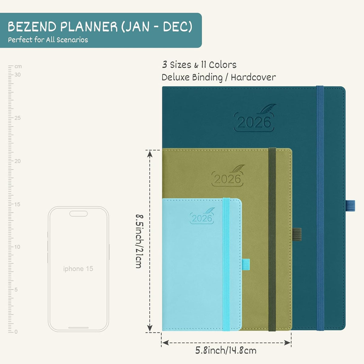 BEZEND 2026 Planner Weekly and Monthly (6" x 8.5") Daily Calendar with Half-Hourly Timeslots & Tabs (Jan-Dec) Note & Expenses, Pen Holder, Inner Pocket, Vegan Leather Hardcover - Orange