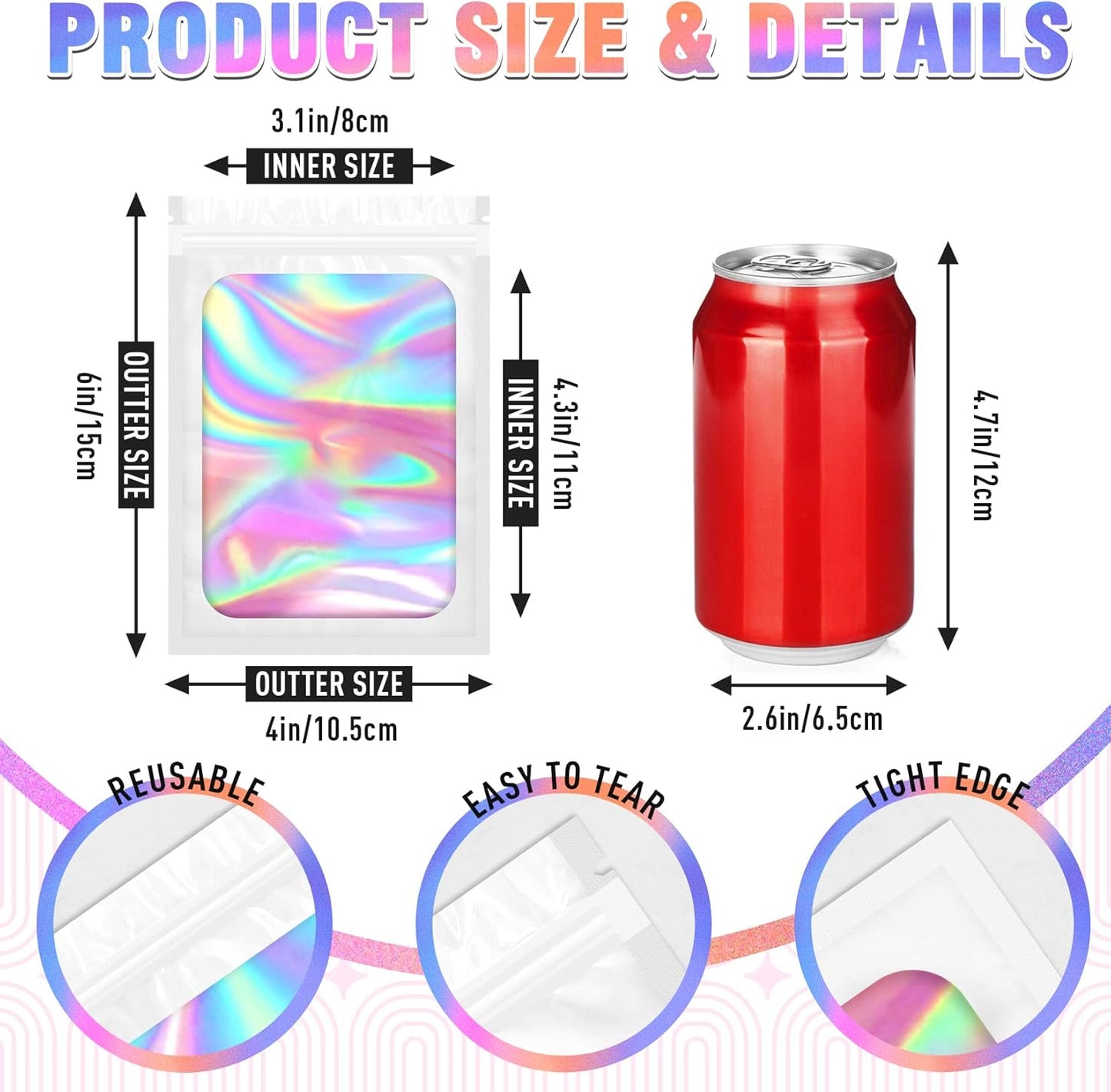 Smell Proof Bag, 100 PCS Holographic Bags, Packaging Bag, Food Packaging Bags(4x6 Inch)