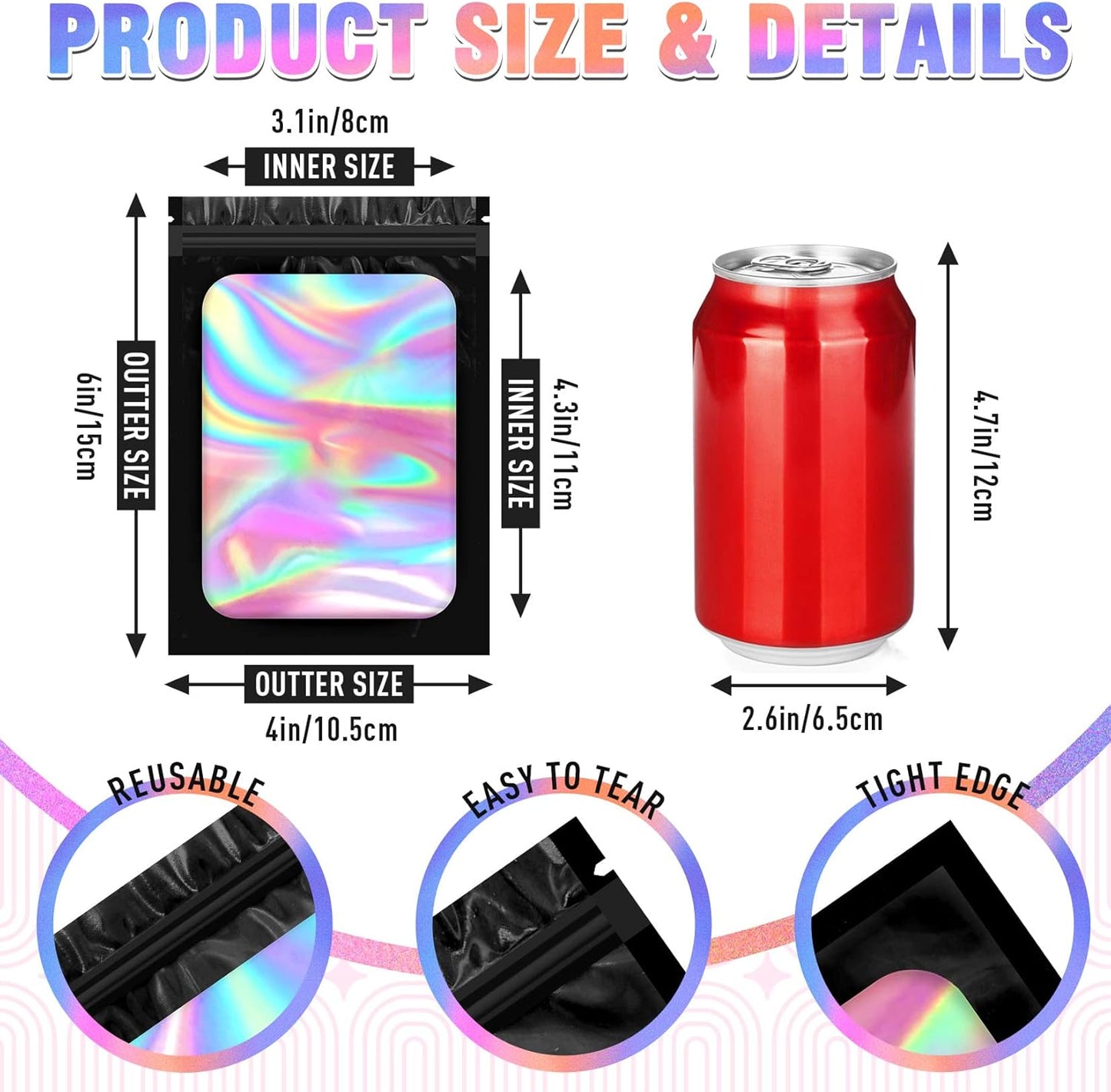 Mylar Bags, 100 PCS Packaging, Small Smell Proof With Clear Window, Resealable for Small Business, Sample Candy Sealable, Freshie, Black (4x6 Inch)