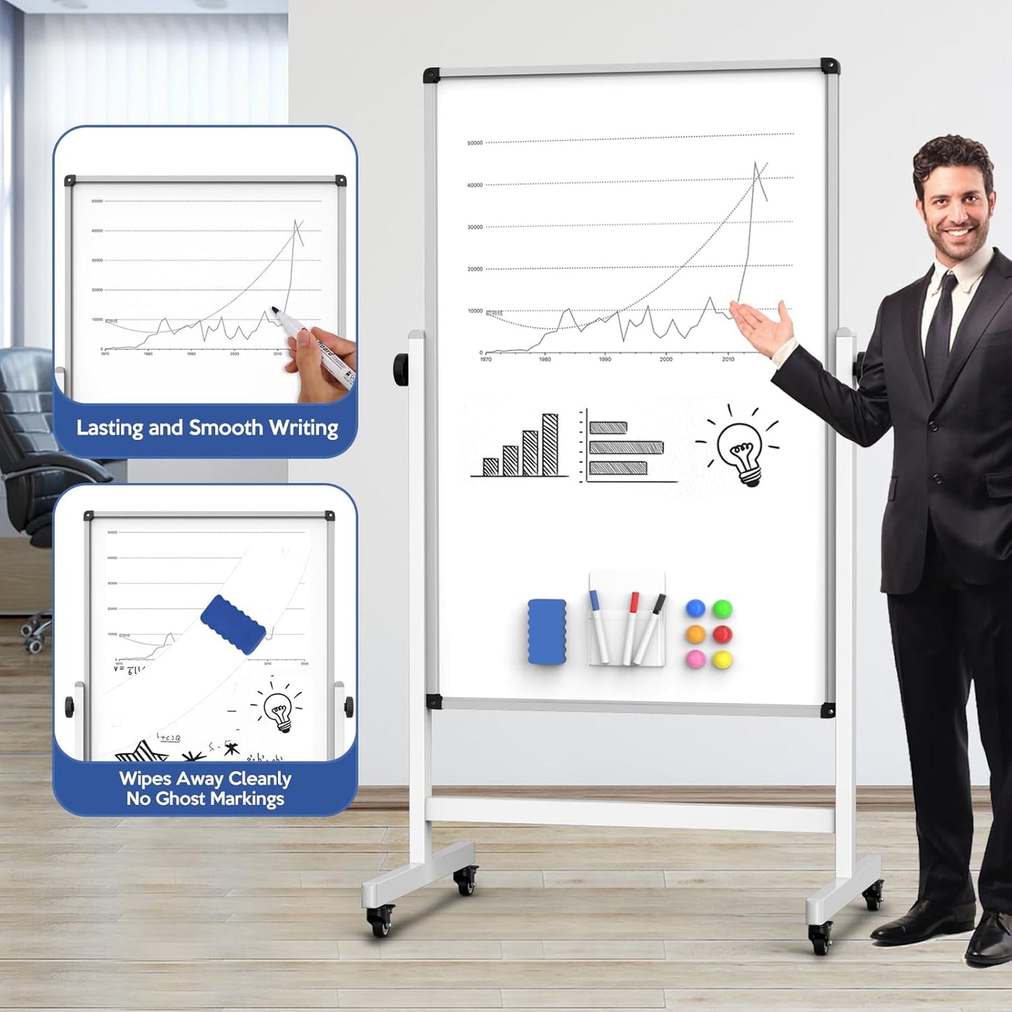 Rolling Whiteboard, 44 x 26 Double Sided Magnetic Dry Erase Board Height Adjustable Whiteboard on Wheels with Sturdy Aluminum Frame for Home Office Classroom