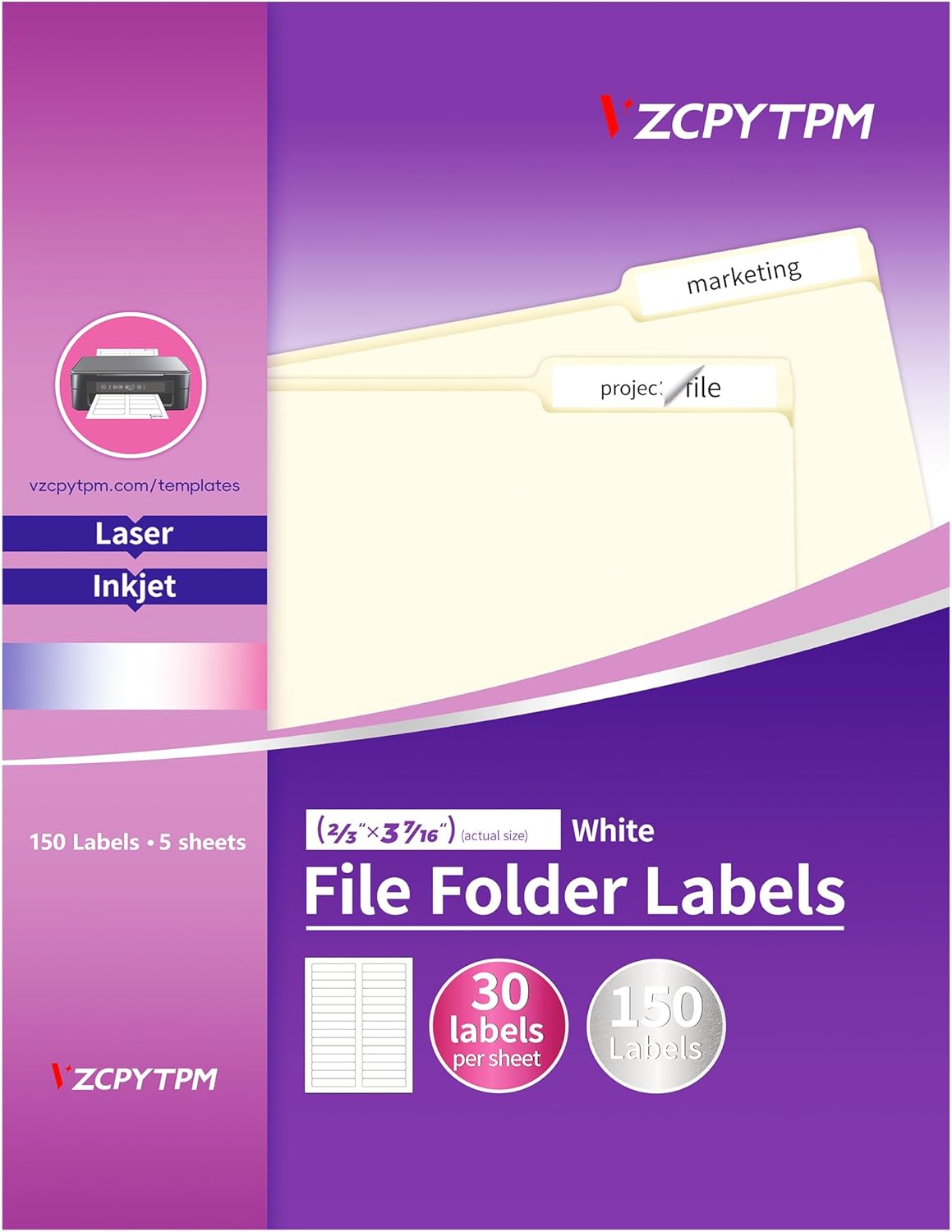 File Folder Labels,150 Labels 1/3 Cut,Self Adhesive Labels,Printable Permanent Label Stickers for Manila File Folders,2/3" x 3-7/16",Laser/Inkjet,5 Sheets,White