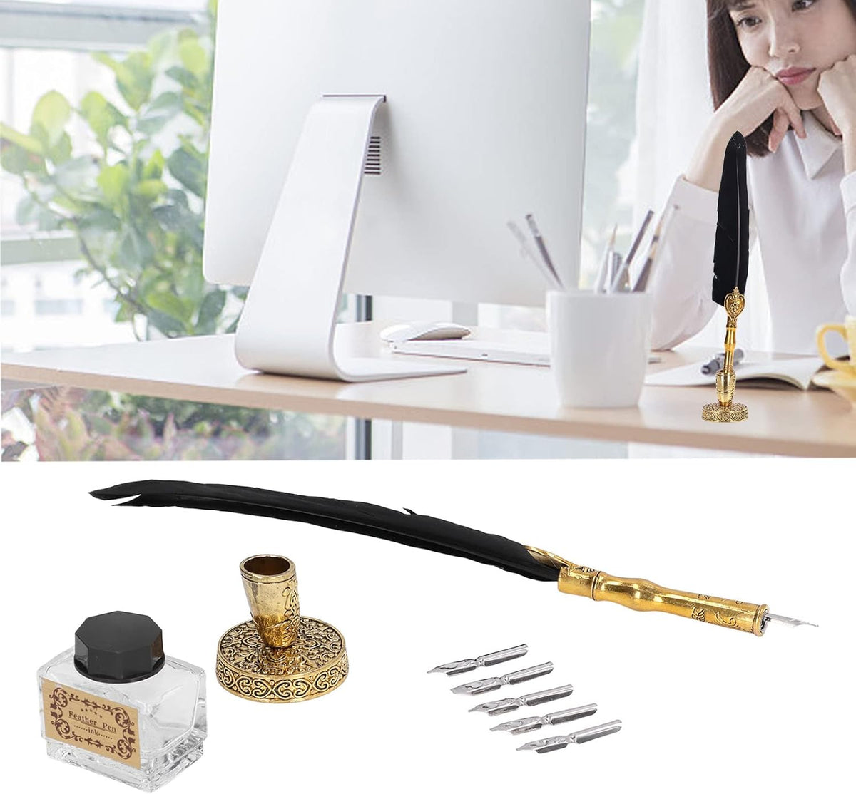 Feathe Quill Fountain Pen Ink Set, Fountain Pen Kit, Exquisite Vintage Elegant Calligraphy Inks Set with 5 Nibs 1 Base 1 Empty Bottle for Signing Writing Supplies(Without Ink) (Black)