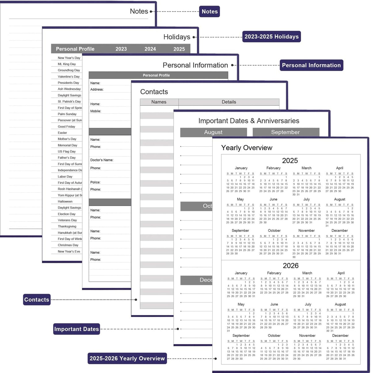 Daily & Monthly Planner for 2025 2026 or Anytime - ADHD Planner Two Pages Per Day, Daily Planner Undated to Increase Focus, Eliminate Overwhelm, Achieve Your Biggest Goals, 5.8'' Γ 8.3'', Purple