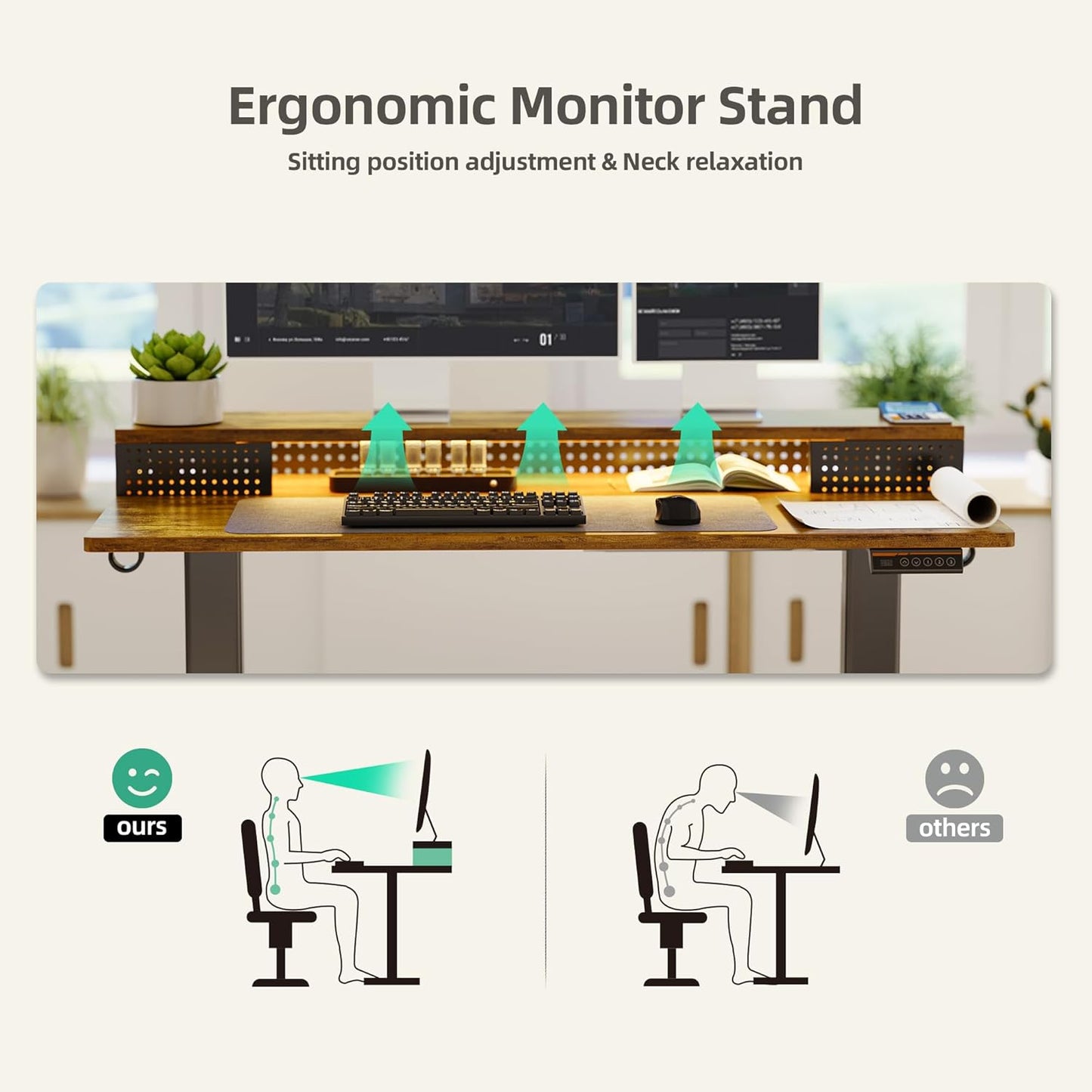 Claiks Electric Standing Desk with Shelf, 55 Inch Height Adjustable Standing Desk with LED Lights & Monitor Stand, Black Frame/Rustic Brown Top