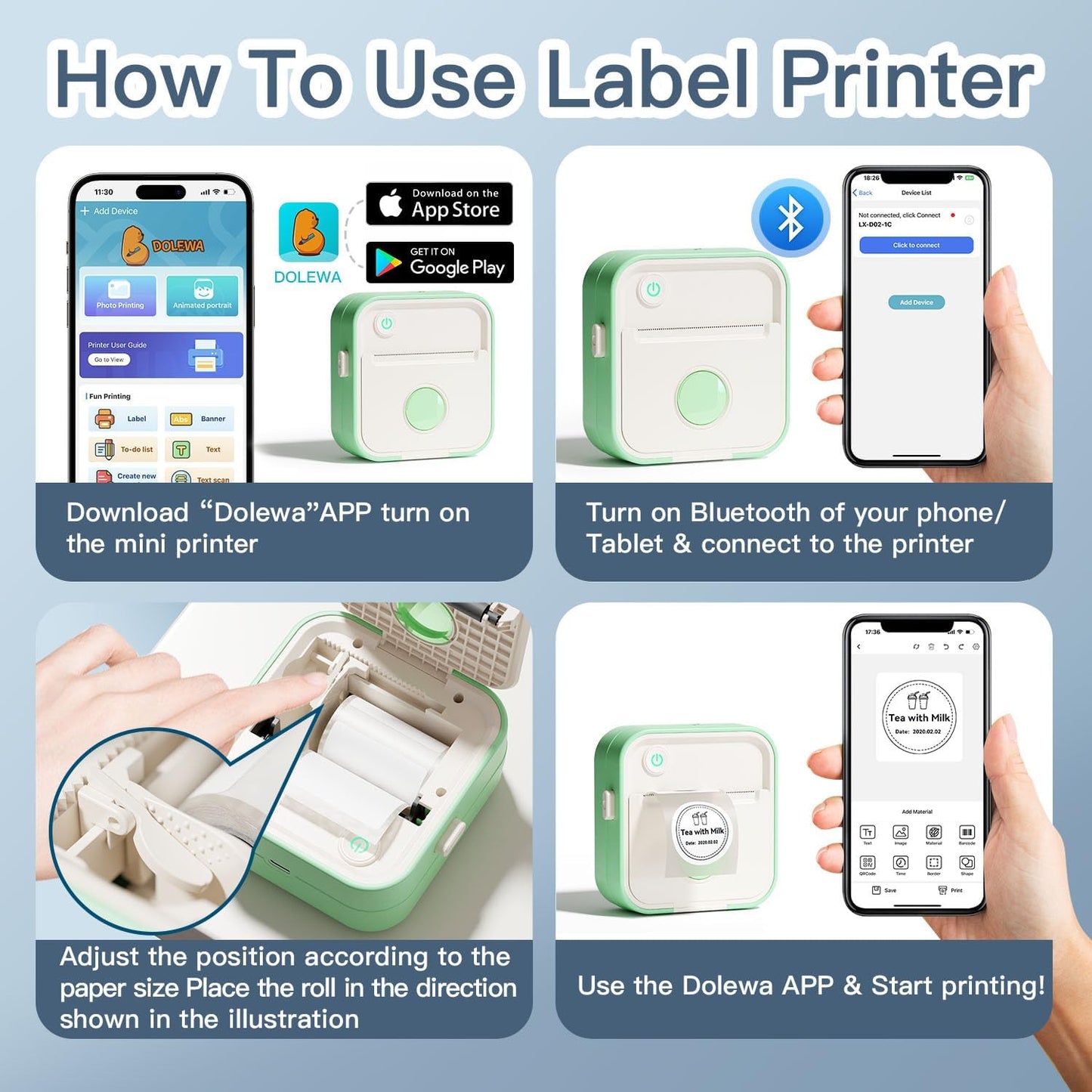 Label Maker Machine, HD Mini Sticker Printer with 7 Rolls Paper, Portable Thermal Print Pod Supports 12-57mm Papers,Bluetooth Pocket Printer for Home,Kitchen,School (Green)