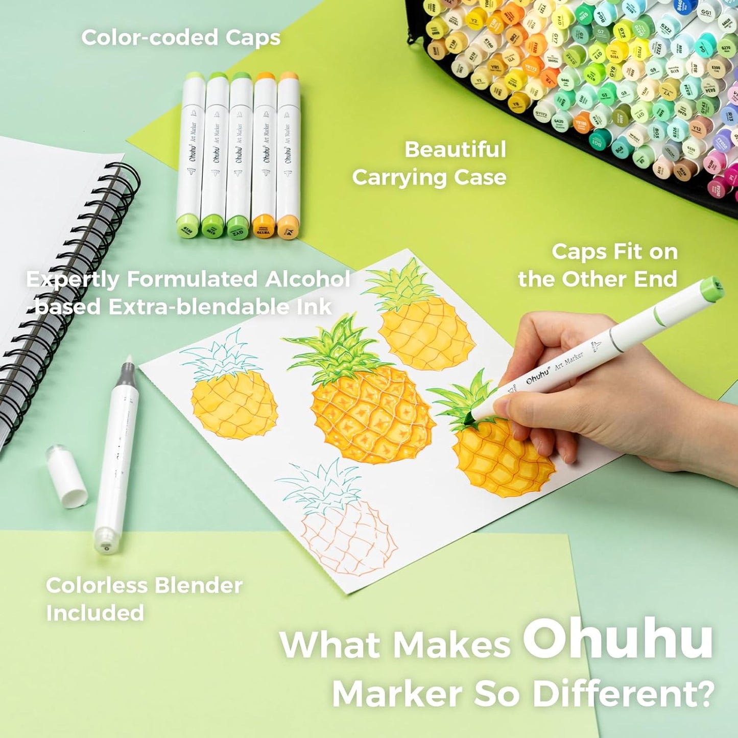 Ohuhu Alcohol Markers Brush Tip - 320-color Double Tipped Art Sketch Marker Set for Artists Adults Coloring Illustration -Brush & Chisel Dual Tips - Honolulu Series of Ohuhu Markers - Refillable Ink
