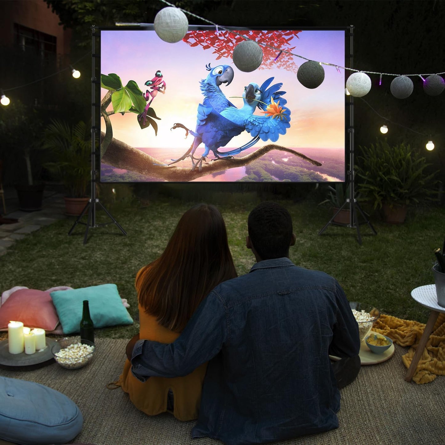 Projector Screen with Stand, Wootfairy 150 inch Portable and Foldable Projection Screen 4K HD 16:9 Rear Front Wrinkle-Free Movie Screen with Carry Bag for Indoor Outdoor Home Theater Backyard Cinema
