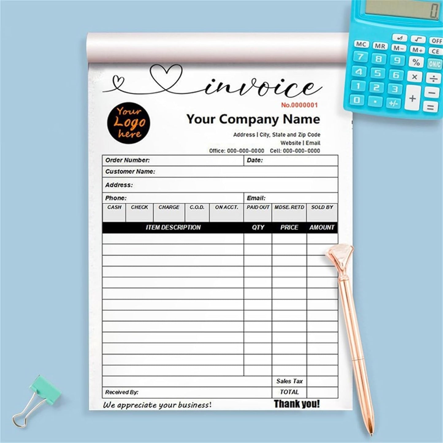 Custom Invoice Book in 3-Part /2-Part Receipt Book with Carbon Copies Personalized Carbonless Service Invoice Form Books Sales Order Book with Company Name Logo Address,F-Invoice Book with Logo