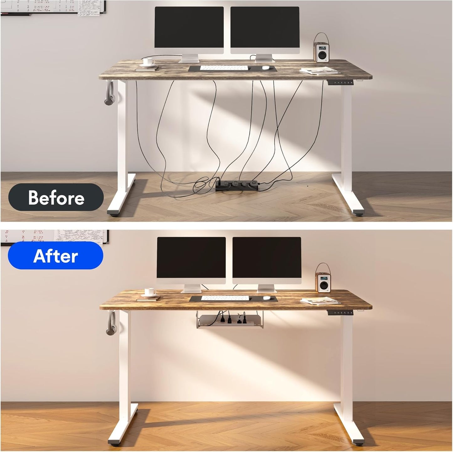 FLEXISPOT EN2 Whole-Piece Standing Desk with Clamp Power Strip, 48 x 24'' Electric Stand Up Height Adjustable Desk with Cable Management (Black Frame + 48" Rustic Brown Desktop, 2 Packages)