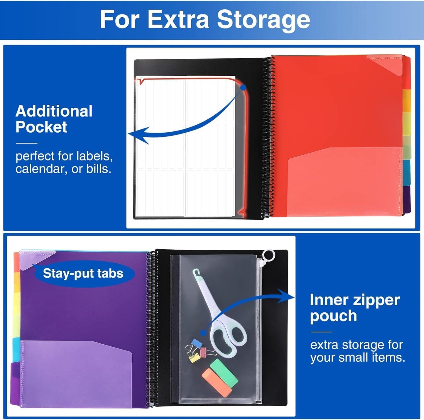 Forvencer 12 Pocket Project Organizer, 1/6-cut Tab Binder Organizer with Sticky Labels, Multi Pocket Folder with Zipper Pouch, Folder Binder Spiral Pocket Notebook, Office Supplies, Antique Green