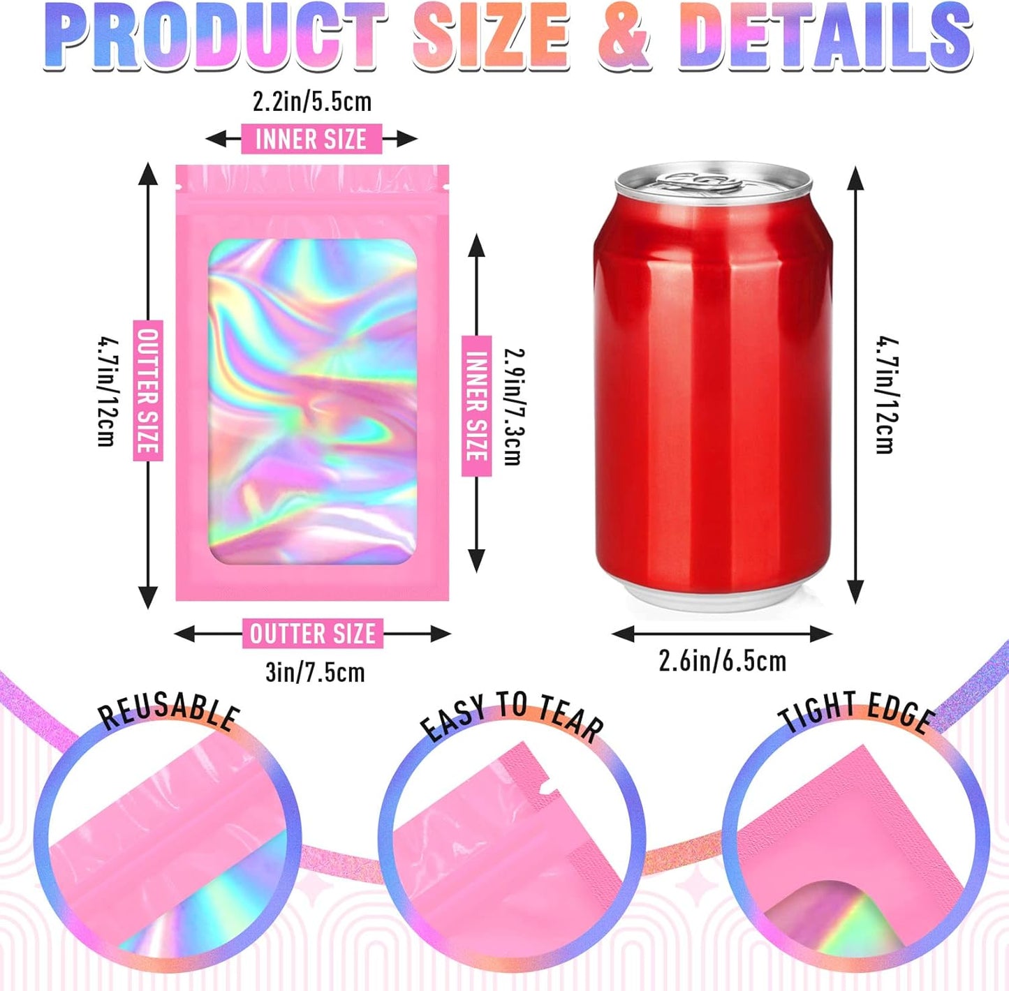 Mylar Bags, 100 PCS Pink Packaging Bags, Small Bag Smell Proof Bag with Clear Window (3x4.7 Inch)