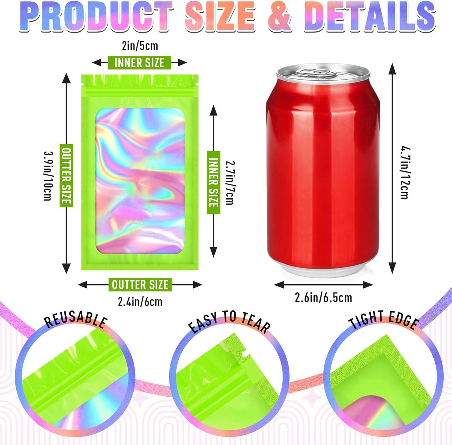 Smell Proof Bag, 100 PCS Mylar Bags, Holographic Bags with Sealing Strip, Resealable Bag (2.4x3.9 Inch)
