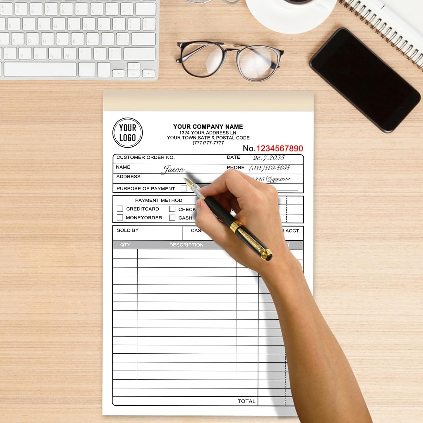 Custom Invoice Book for Small Business,5.5 x 8.5 Inches Invoice Receipt Book, 3-Part Carbonless Forms, Personalized Company Name, Address, Phone Number