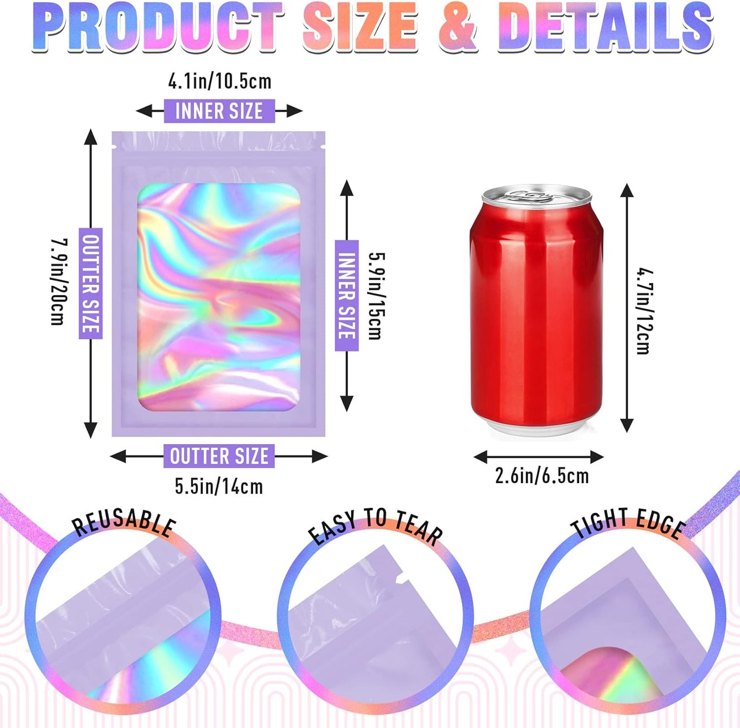 Mylar Bags, 100 PCS Packaging Bags, Small Bag Smell Proof Bag with Clear Window Purple (5.5x7.9 Inch)