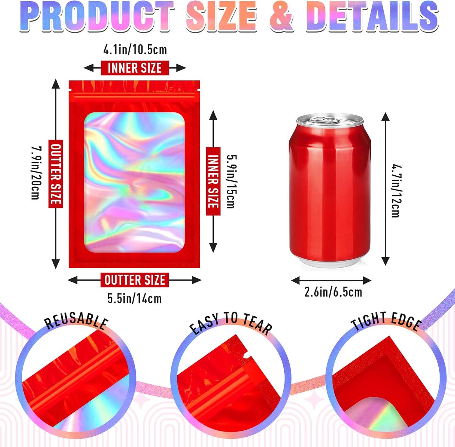 Mylar Bags, 100 PCS Smell Proof Bag, Holographic Bags, Packaging Bag (5.5x7.9 Inch)