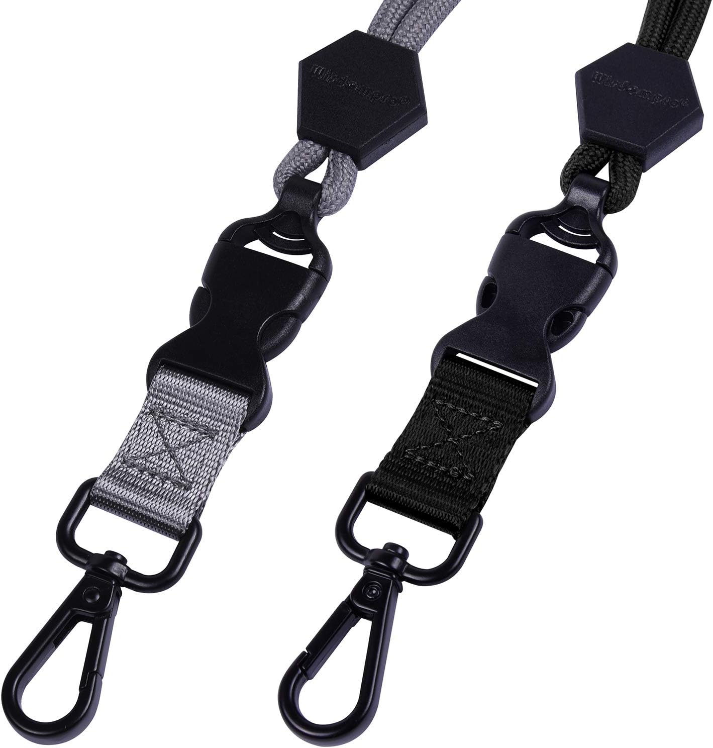 Wisdompro 2 Pack of 23 inch Durable Round Cord Heavy Duty Lanyard with Safety Breakaway Buckle, Detachable Buckle and Metal Hook for ID Card Badge Holder and Keys - Black and Gray