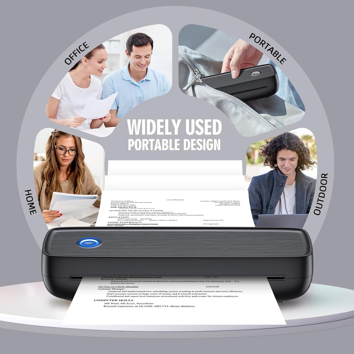 Portable Wireless Printer for Travel, High Resolution Inkless Mini Thermal Print, 4200mAh Battery, Bluetooth & USB (A4, A5, Letter, Legal) Compatible with Android and iOS Phone&Laptop,Black