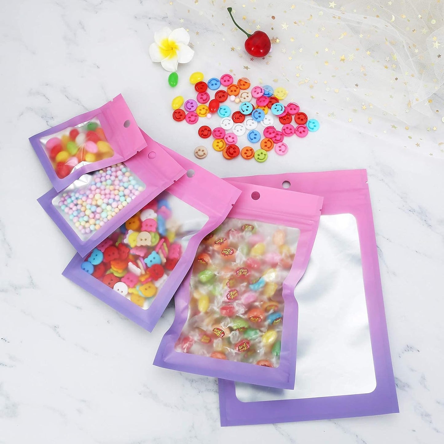 100 Pcs Resealable Mylar Bags, Gradient Color Food Storage Bags, Zip Bag Foil Bags Packaging Pouch for Food Storage, Sample, Small Business (Pink Purple, 4 X 6 Inch)