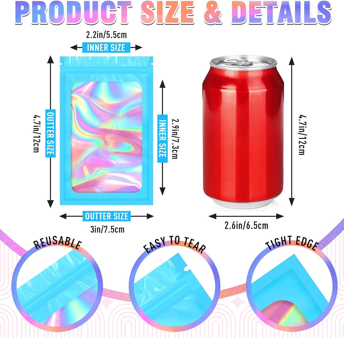 Smell Proof Bag, 100 PCS Holographic Bags, Packaging Bags, Resealable Bag (3x4.7 Inch)