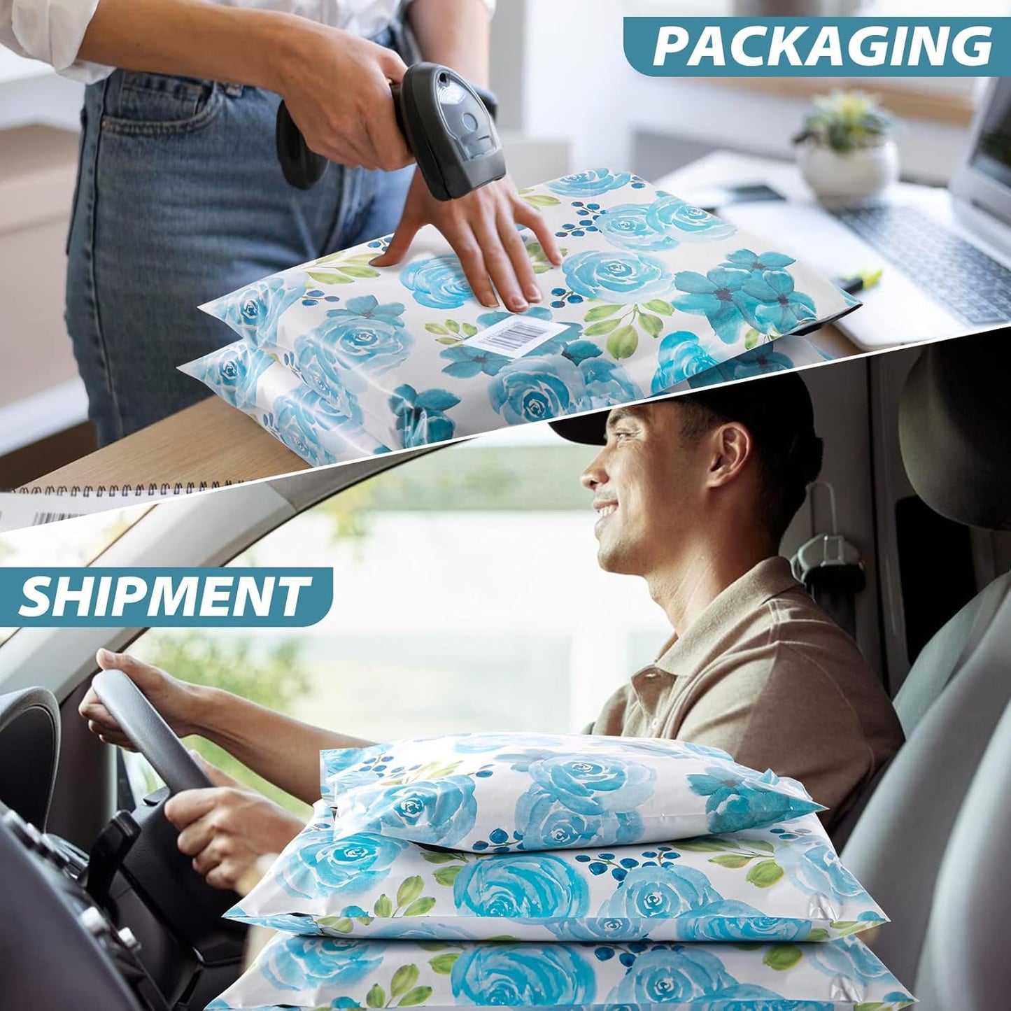 Oududianzi Poly Mailers 10x13, 100PCS Shipping Bags, Mailers Poly Bags, Mailing Envelopes Bags, Polymailer Packaging Bags for Small Business - Blue Rose