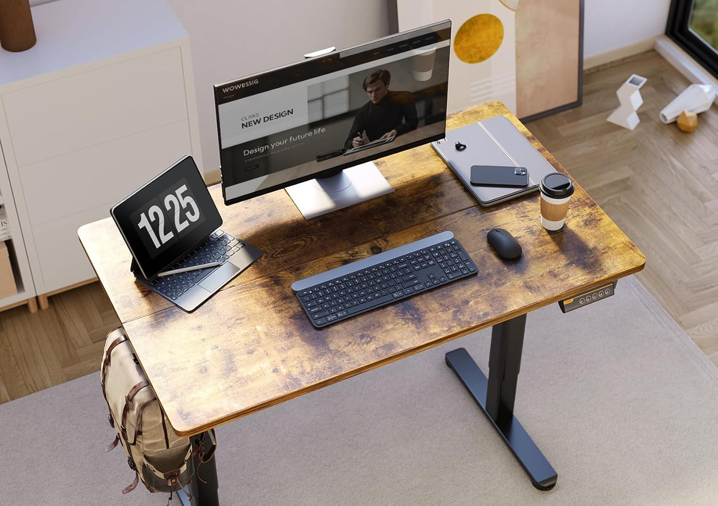 Claiks Electric Standing Desk, Adjustable Height Stand up Desk, 40x24 Inches Sit Stand Home Office Desk with Splice Board, Black Frame/Rustic Brown Top
