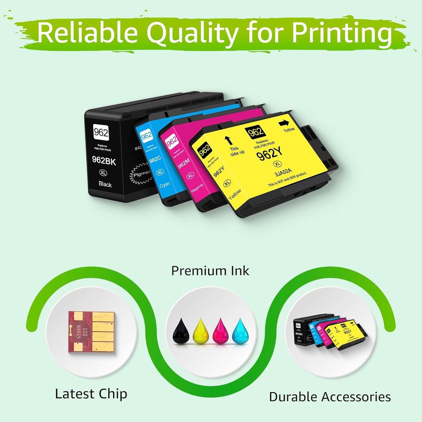 Upgraded 962XL Ink Cartridges Combo Pack Replacement for HP 962XL 962 XL High Yield Black & Color Ink Cartridge Set Work for HP OfficeJet Pro 9010, 9020 Series Printer (1BK/1C/1M/1Y, 4 Pack)