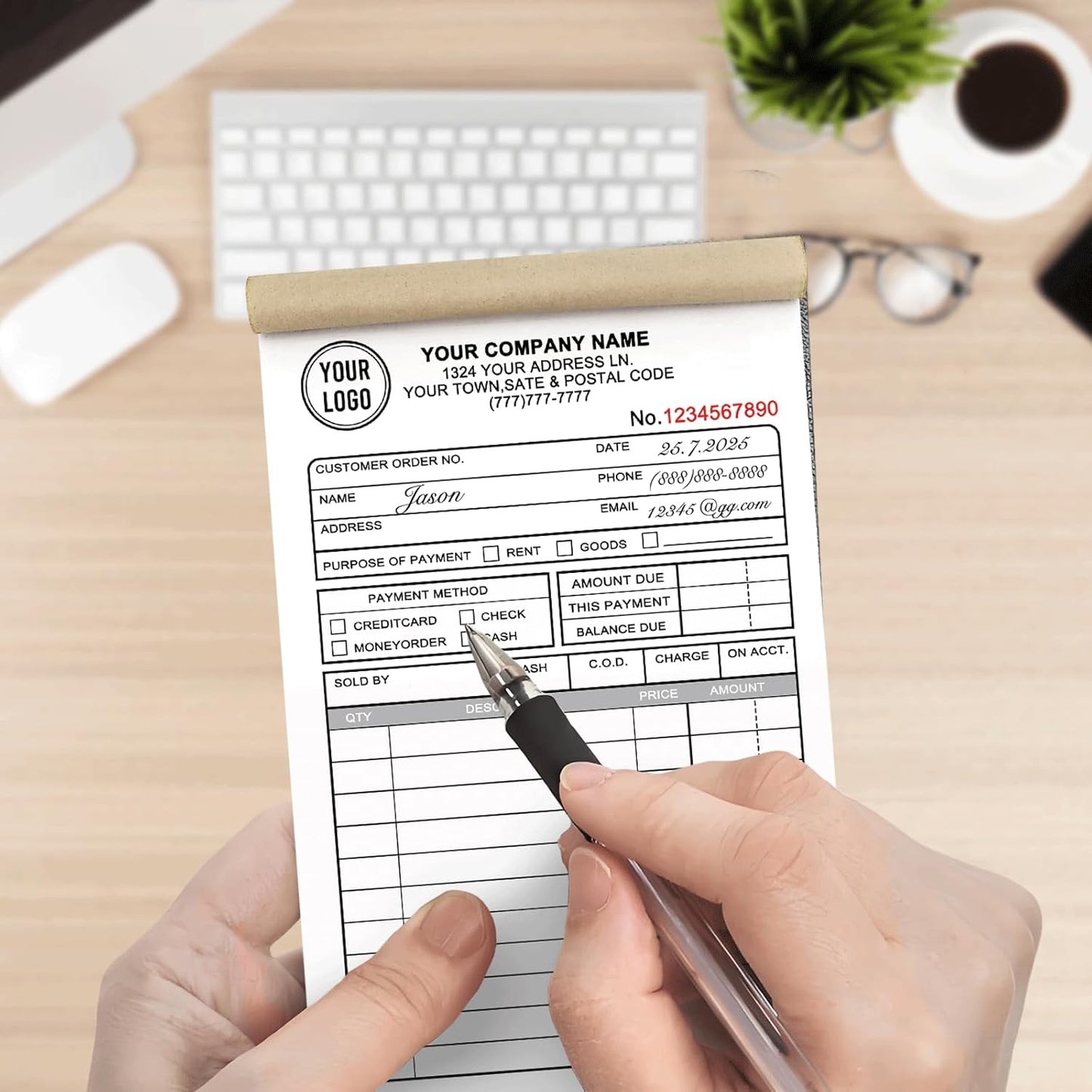Custom Invoices Receipt Book for Small Business Personalized 2-Part Duplicate Carbonless Logo Receipt Books Sales Payment Forms with Company Name Address Phone Number 100 Sets 4.25" x 7"