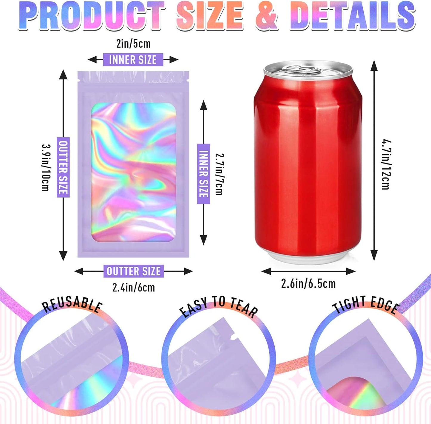 Mylar Bags, 100 PCS Packaging Bags, Small Bag Smell Proof Bag with Clear Window Purple (2.4x3.9 Inch)