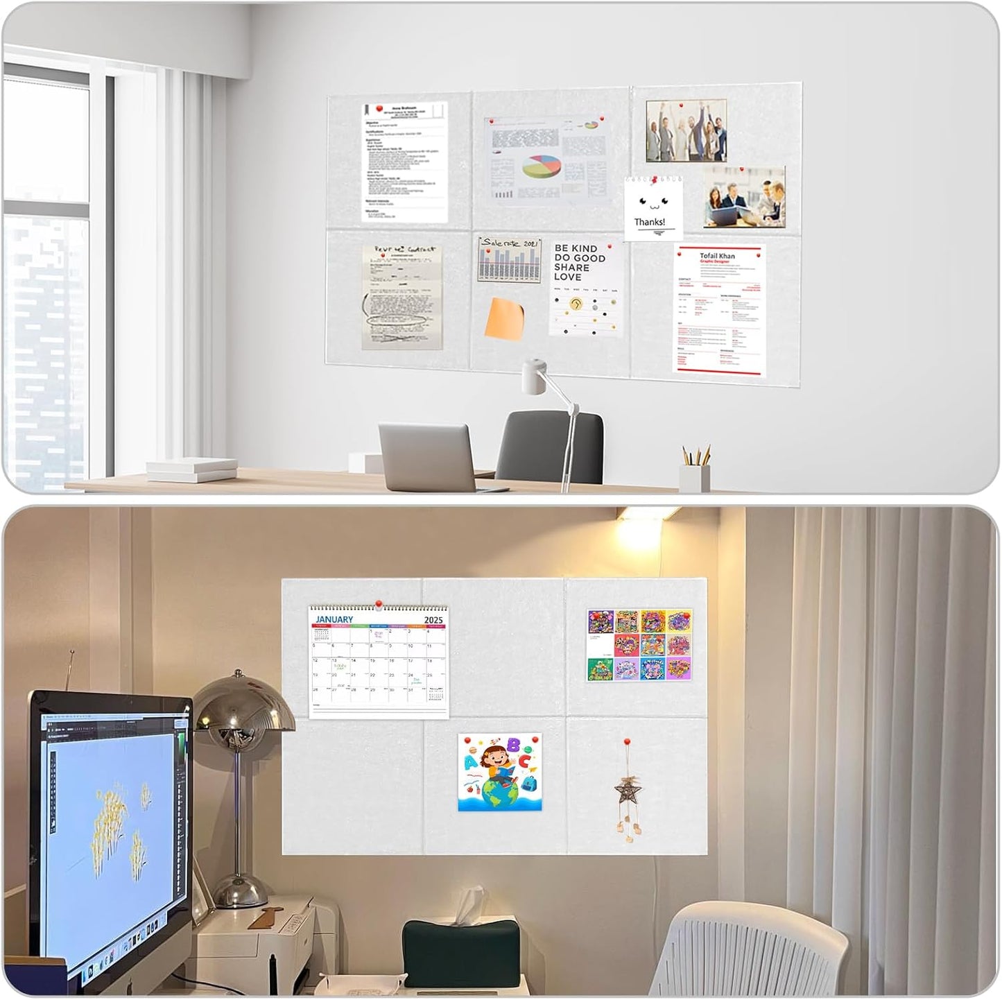 Large Bulletin Cork Boards for Walls 36" x 48", White Bulletin Board for Office, 12 Pack Cork Felt Boards Tiles for Classroom Decor, Pin Board with Pushpins, Office Essentials