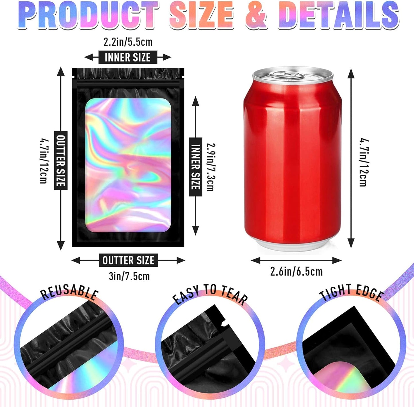 Mylar Bags, 100 PCS Packaging Bags, Small Bag Smell Proof Bag with Clear Window Black (3x4.7 Inch)