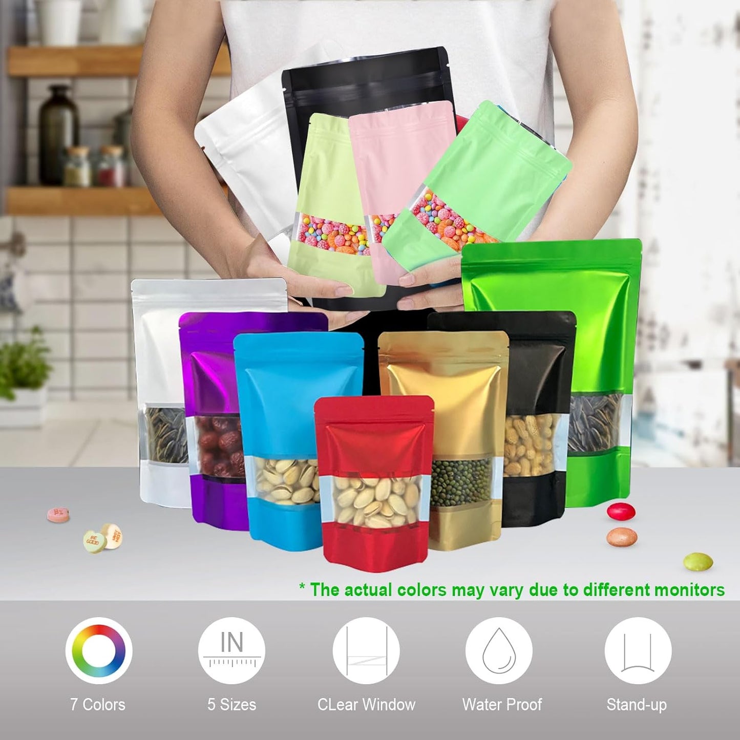 6.3"x9.5" 120pcs Mylar Bags for Food Storage,Smell Proof Bag with Matte Window Resealable Food Storage Bags for Small Business, Stand-up Foil Pouch Packaging Freeze Dried Candy Bag(Gold)