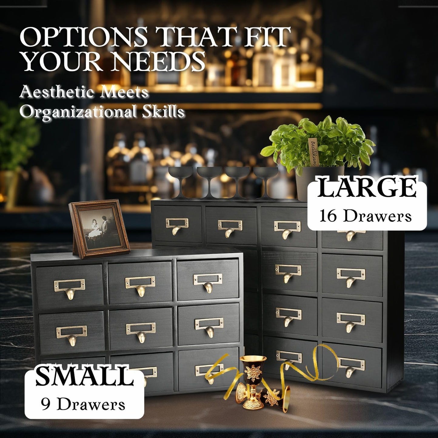 Flexzion Apothecary Cabinet with Drawers - 16 Vintage Apothecary Drawers Desktop Organizer for Home & Office - Wooden Tabletop Library Card Catalog Cabinet Storage for Jewelry, Makeup & Tools, Black