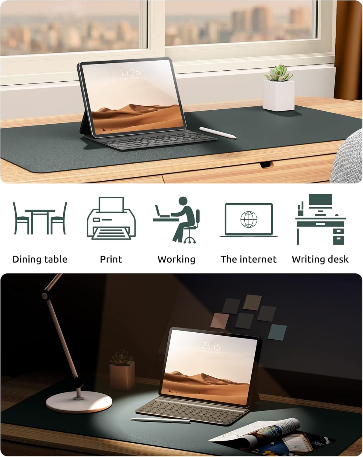 YSAGi Leather Desk Protector, Office Mat, Large Mouse Mat, Non-Slip PU Leather Blotter, Laptop Desk Pad, Waterproof Writing Pad for Office and Home (Dark Green, 35.4" x 17")