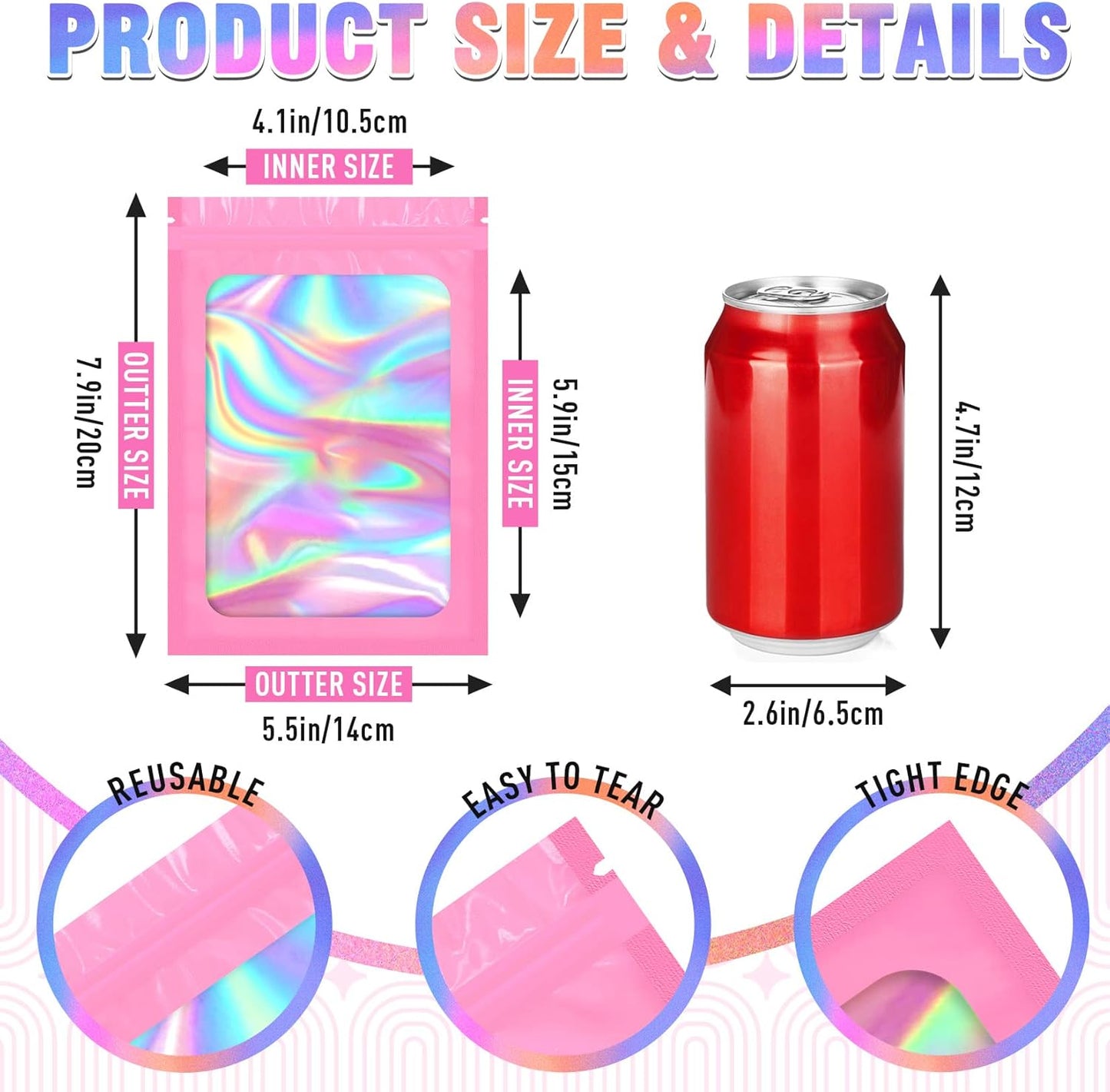 Mylar Bags, 100 PCS Pink Packaging Bags, Small Bag Smell Proof Bag with Clear Window (5.5x7.9 Inch)