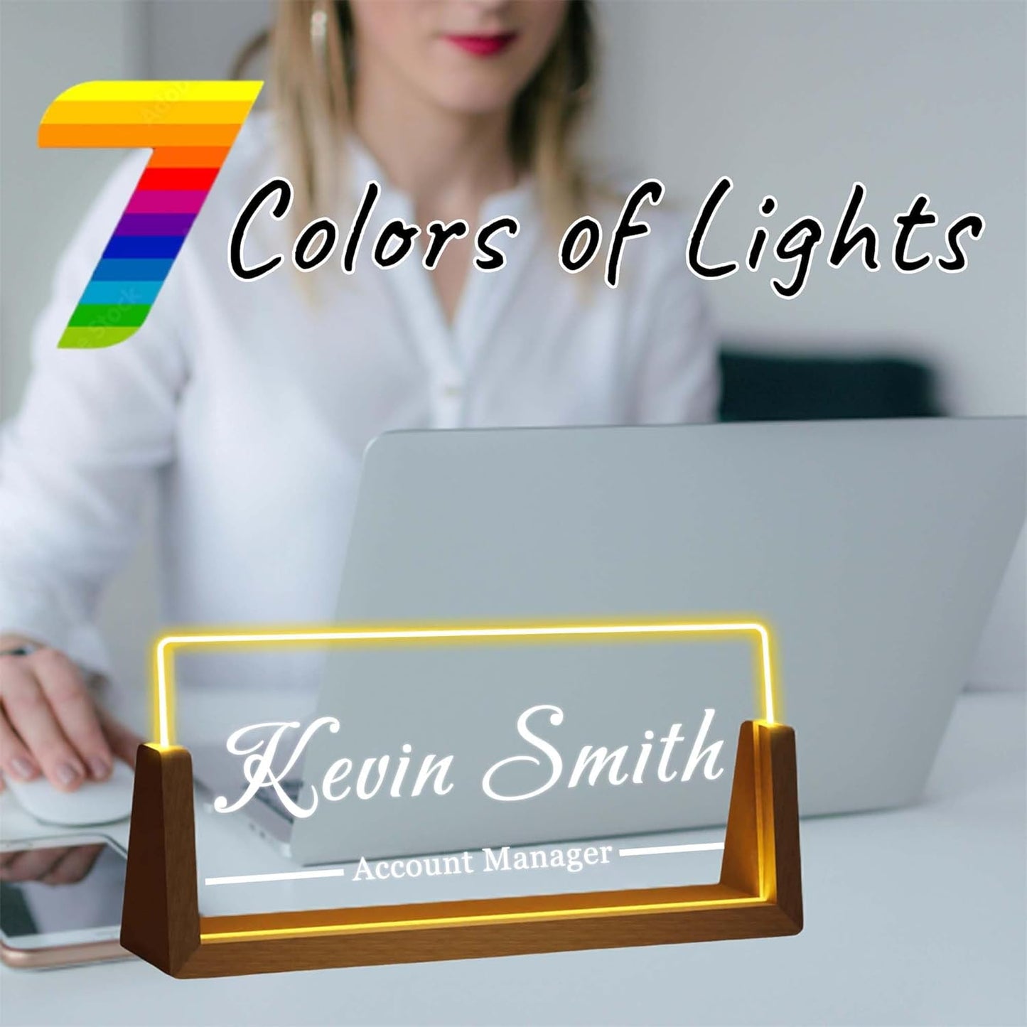 Personalized Desk Name Plate with LED Light & Wooden Base, Custom Acrylic Name Sign | Custom Office Decor & Appreciation Gifts for Boss Coworkers, New Job Promotion Gift (Style 4)