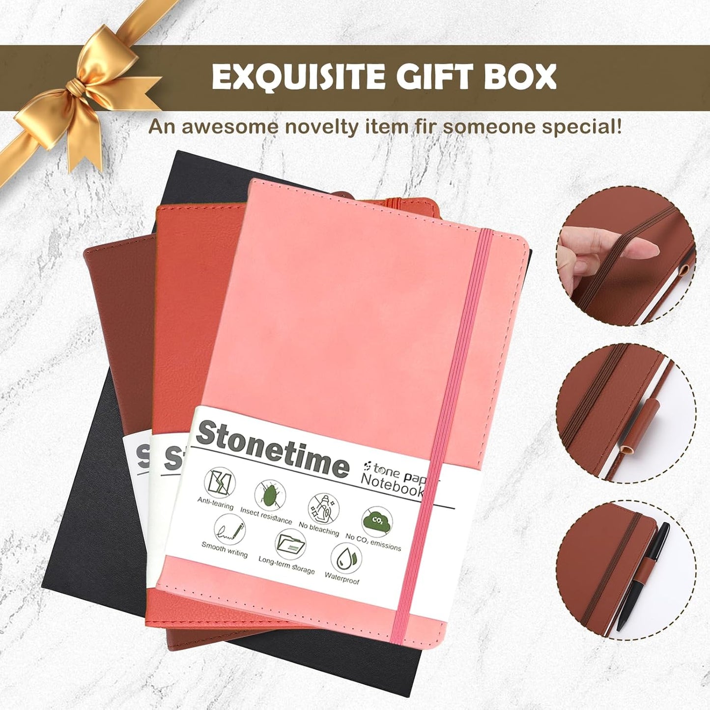 Stone Paper Notebook for Women Men, A5 Waterproof Notebook Hardcover Executive Journal, Ruled Notebooks for Writing, Business, Work & School, 160 Pages Notebook with Gift Box (A5 Pink)
