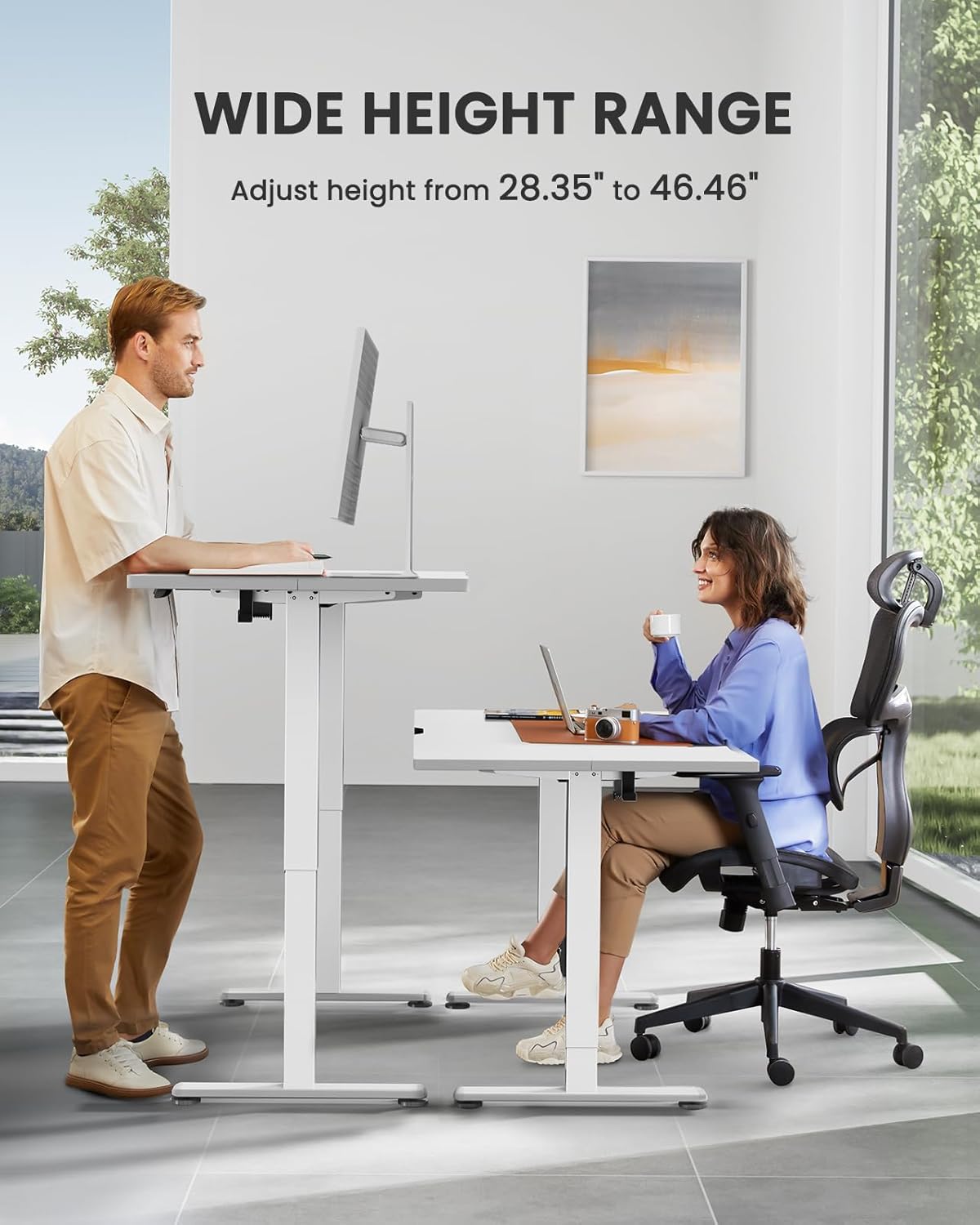 ErGear Height Adjustable Electric Standing Desk, 55 x 28 Inches Sit Stand up Desk, Large Memory Computer Home Office Desk with Two-Piece Desktop (White)