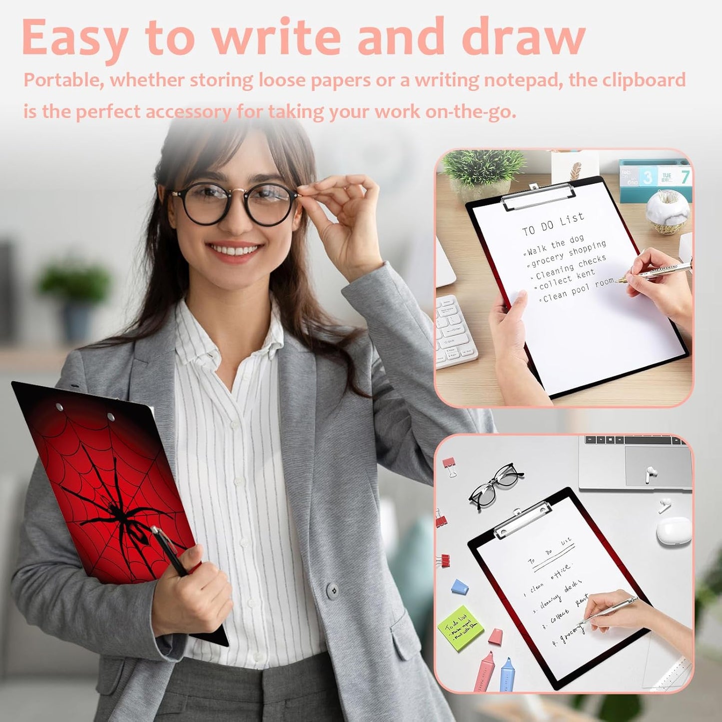 Red Spider Web Plastic Clipboards,Cute Fashion Clipboard Decorative 8.5" x 12.5"Standard A4 Size Clipboards,Acrylic Clipboard for Teacher,Social Worker,Students,Nurse,Office Supplies