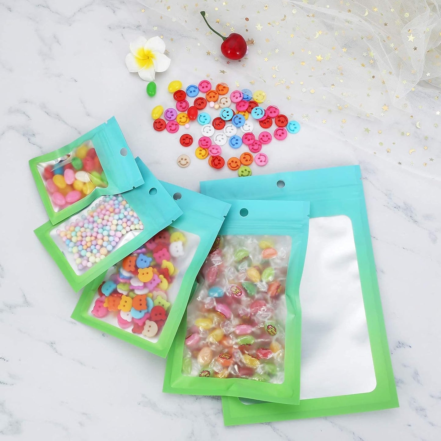 100 Pcs Resealable Mylar Bags, Gradient Color Food Storage Bags, Zip Bag Foil Bags Packaging Pouch for Food Storage, Sample, Small Business (Blue Green, 3.1 X 4.7 Inch)