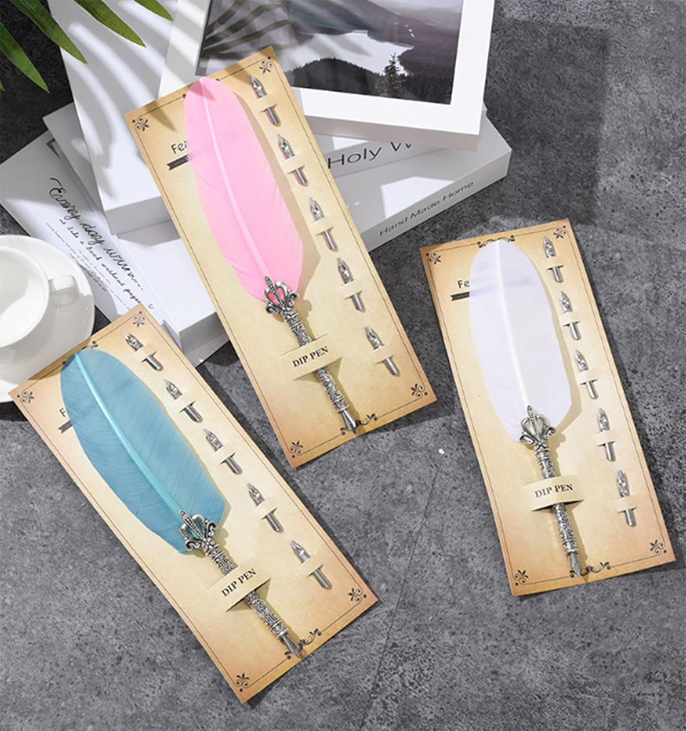 Gullor Calligraphy Feather Quill Pen and 5 Calligraphy Nibs for Beginners Kids Calligraphy Writing Quill Dip Pen Set, White